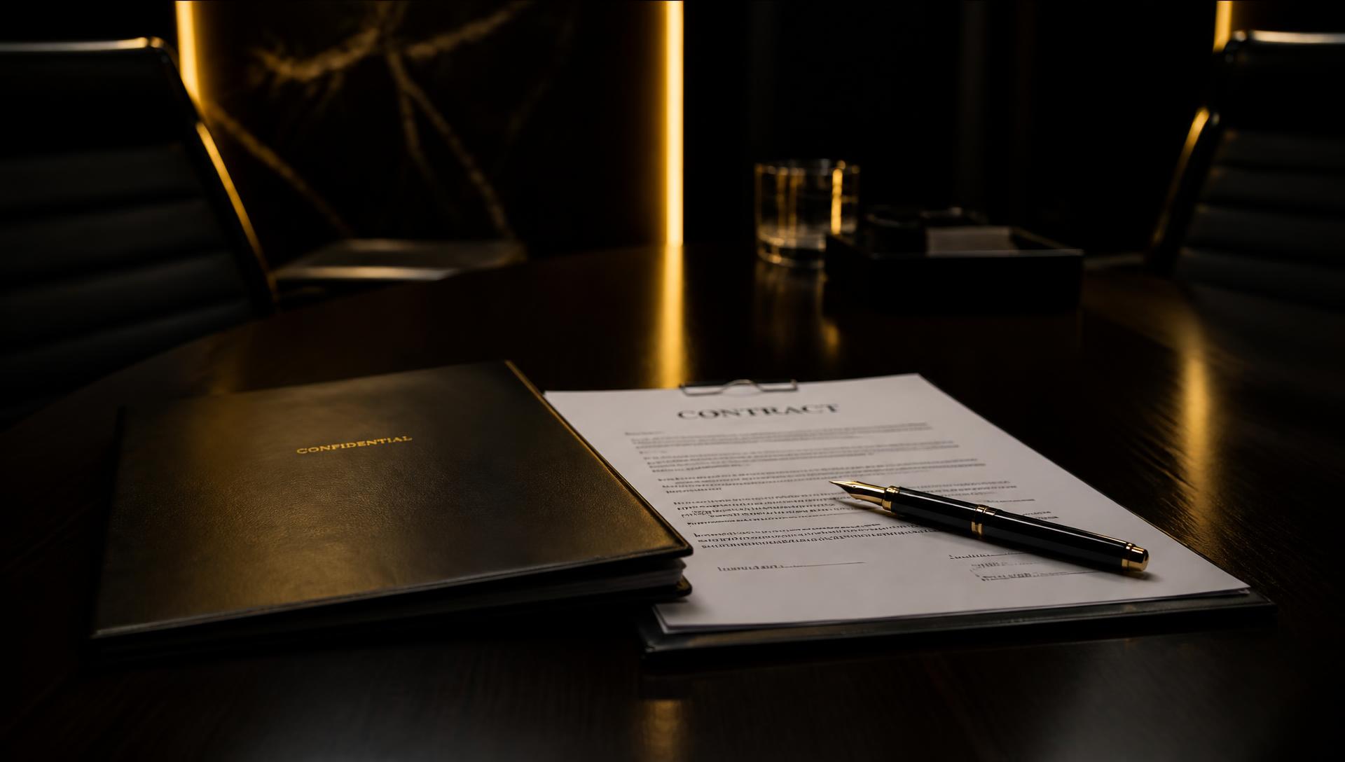 Mesa de reunião corporativa com contrato e caneta
